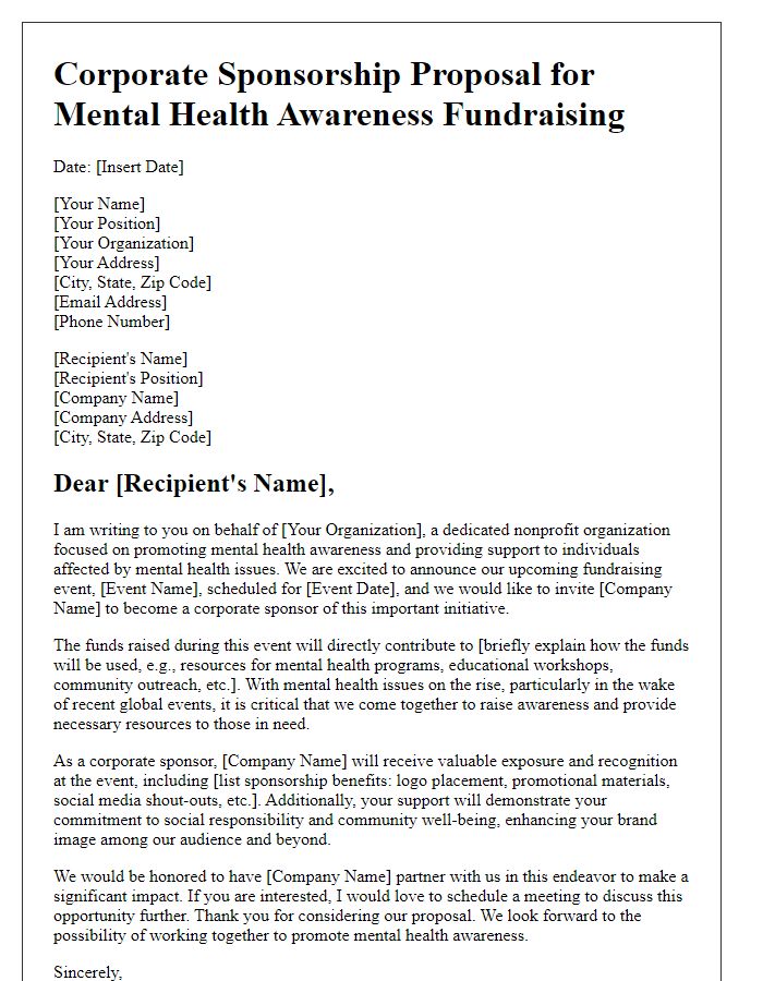 Letter template of corporate sponsorship proposal for mental health awareness fundraising.