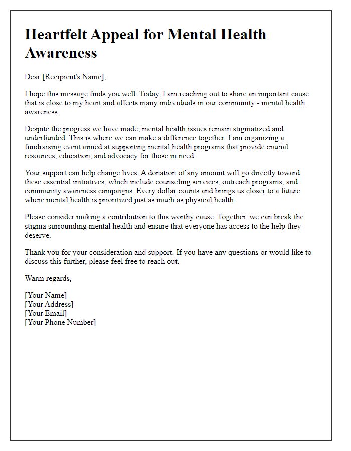 Letter template of heartfelt appeal for mental health awareness fundraising.