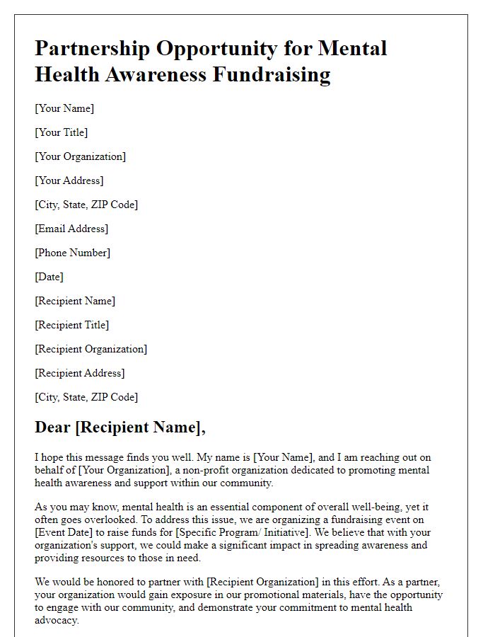 Letter template of partnership opportunity for mental health awareness fundraising.