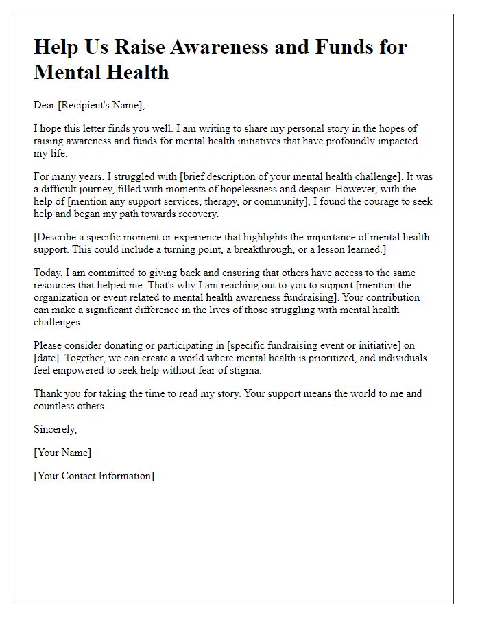 Letter template of personal story sharing for mental health awareness fundraising appeal.