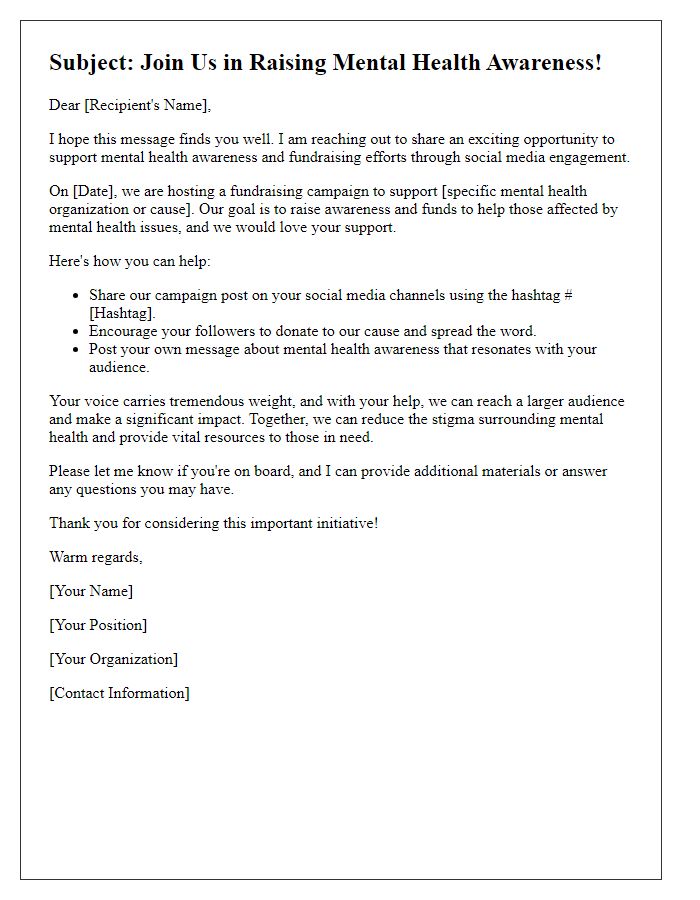 Letter template of social media engagement request for mental health awareness fundraising.