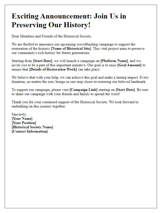 Letter template of announcement for historical society crowdfunding campaign.