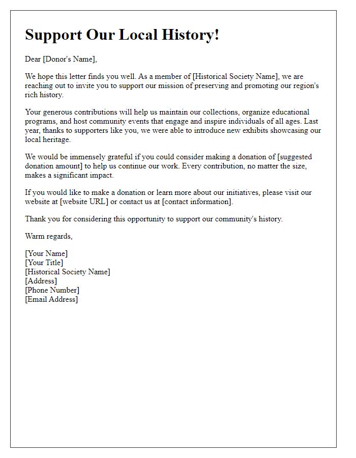 Letter template of appeal for historical society donation.