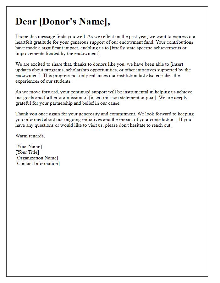 Letter template of Gratitude and Update for Endowment Donors