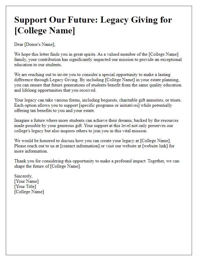 Letter template of Legacy Giving for College Endowment