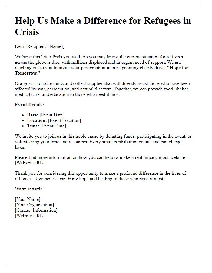 Letter template of charity drive to aid refugees in crisis.