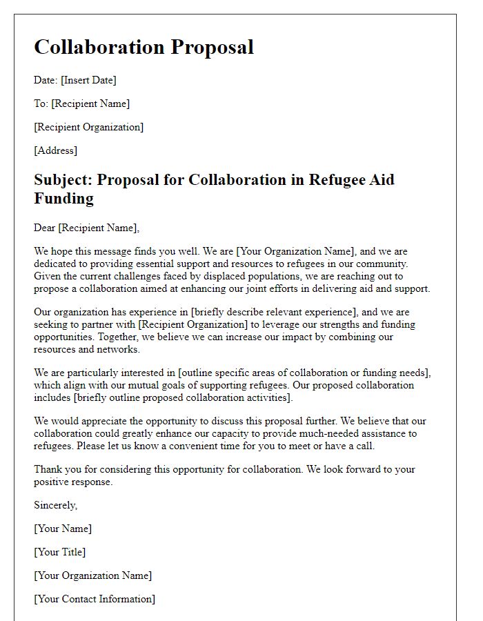 Letter template of collaboration proposal for refugee aid funding.