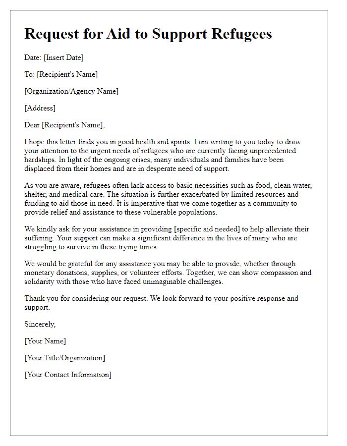 Letter template of compassionate request for aid to refugees.