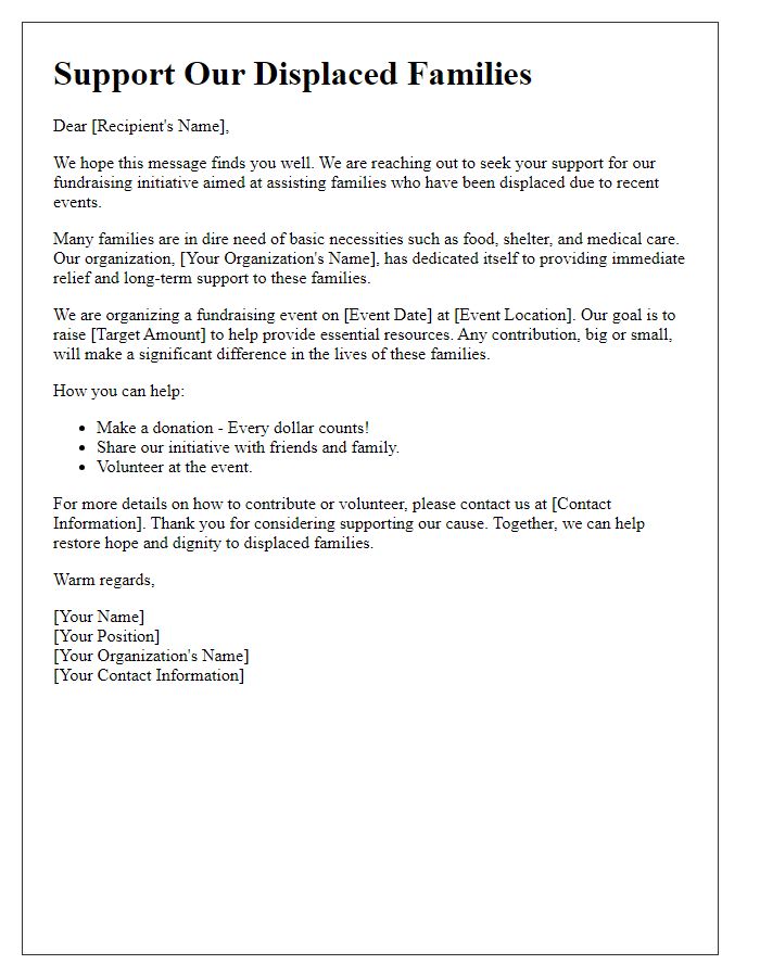 Letter template of fundraising initiative for displaced families.