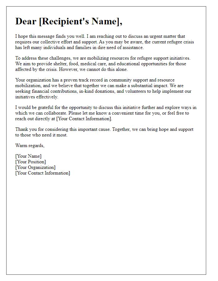 Letter template of mobilizing resources for refugee support initiatives.