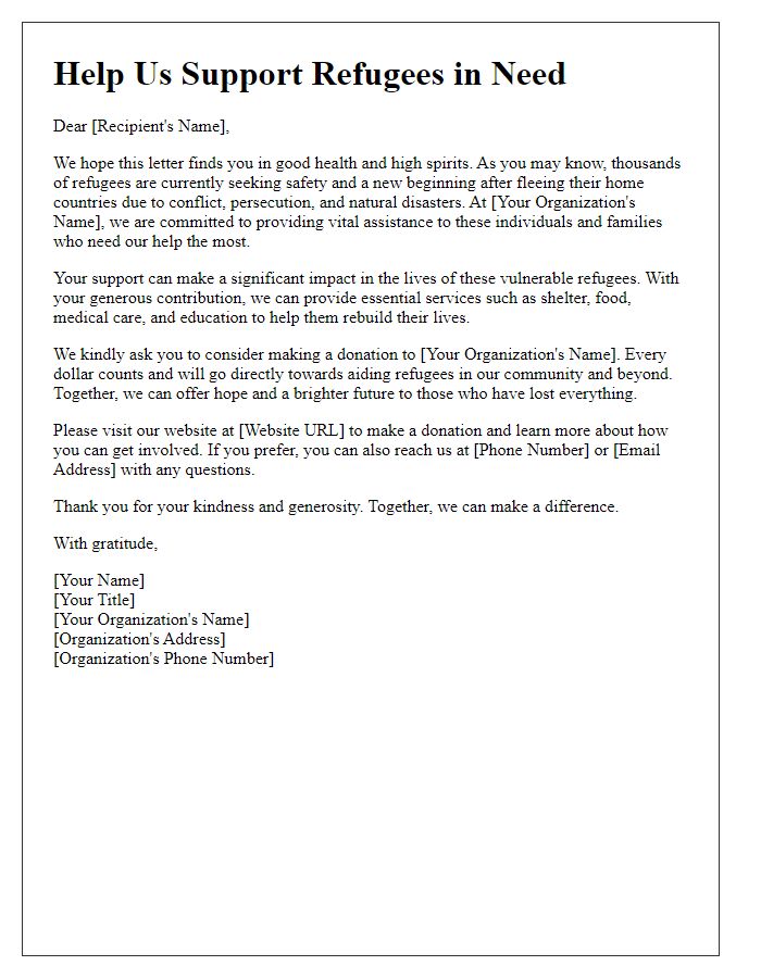 Letter template of nonprofit appeal for assistance to refugees.