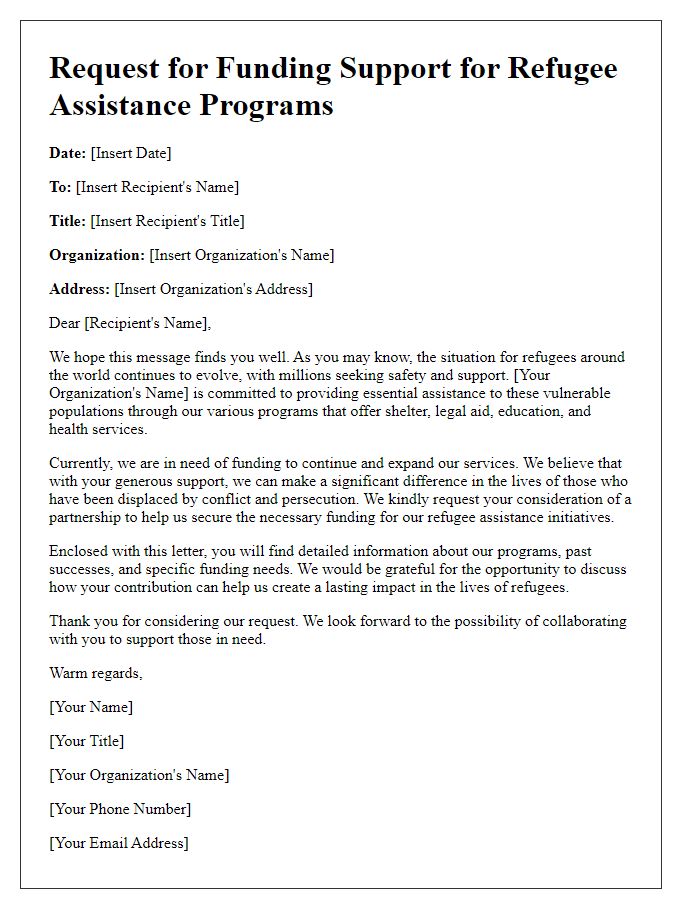 Letter template of outreach for funding refugee assistance programs.