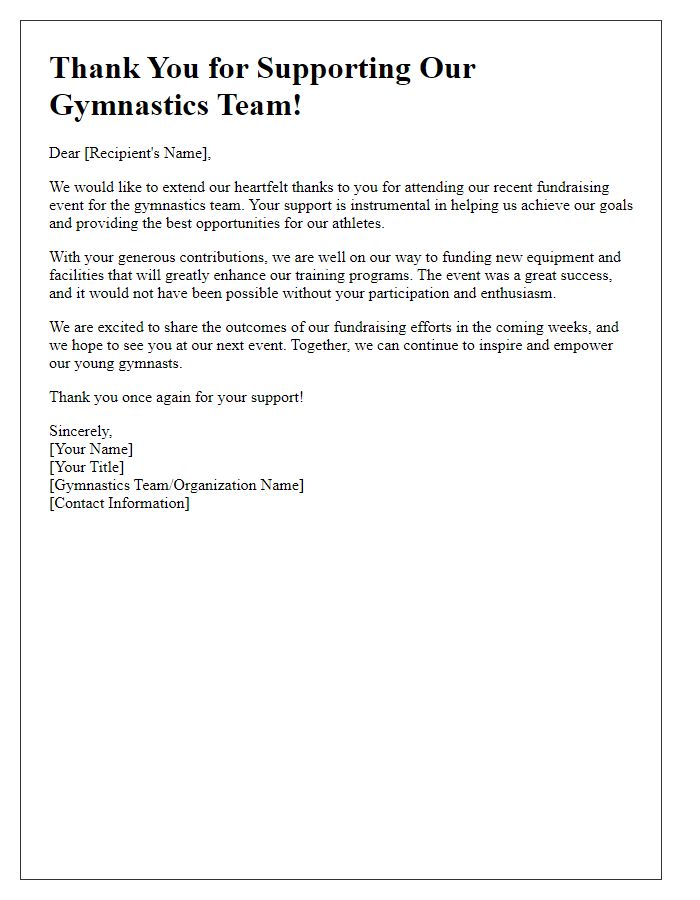 Letter template of event follow-up for gymnastic team fundraising event.