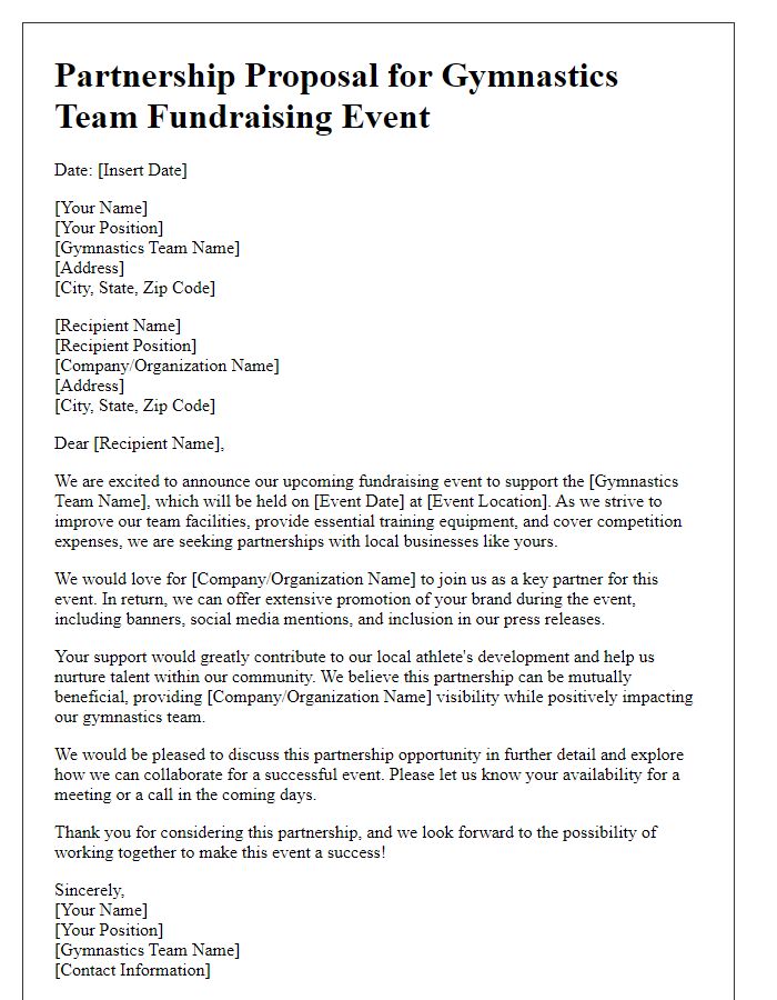 Letter template of partnership proposal for gymnastic team fundraising event.