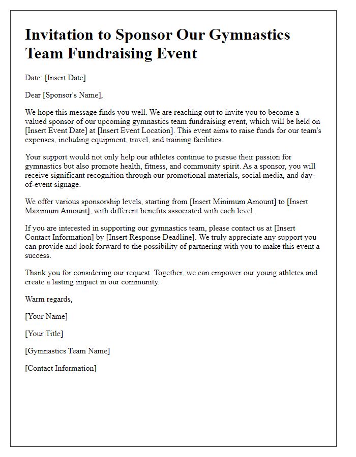 Letter template of sponsorship invitation for gymnastic team fundraising event.