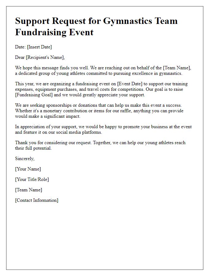 Letter template of support request for gymnastic team fundraising event.