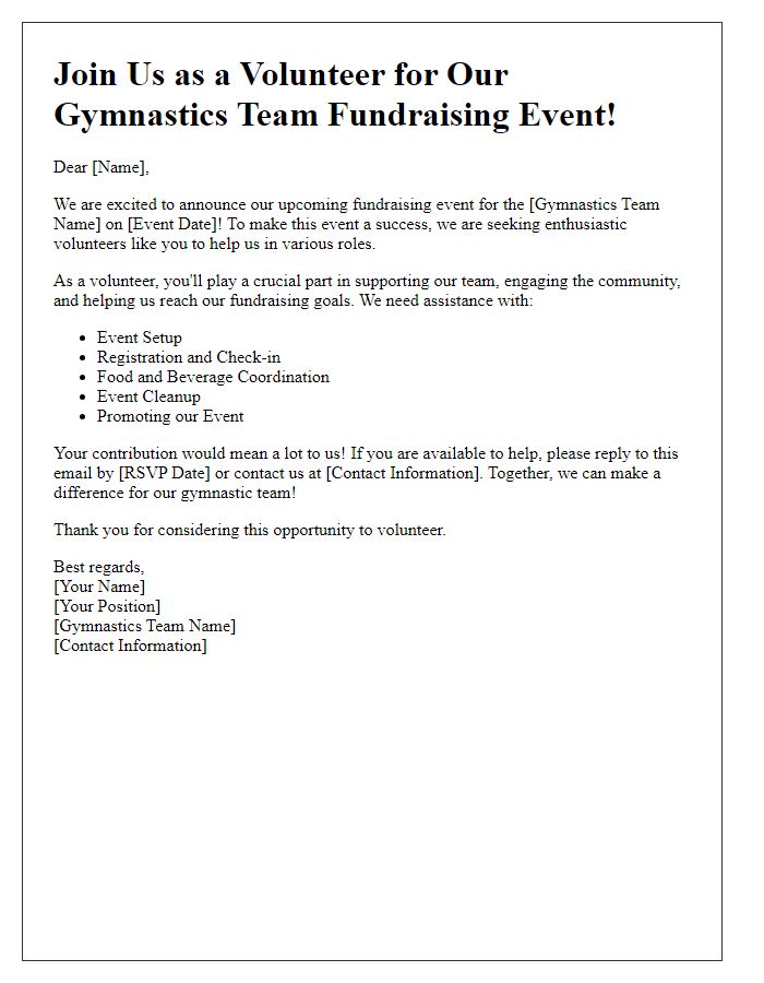 Letter template of volunteer recruitment for gymnastic team fundraising event.