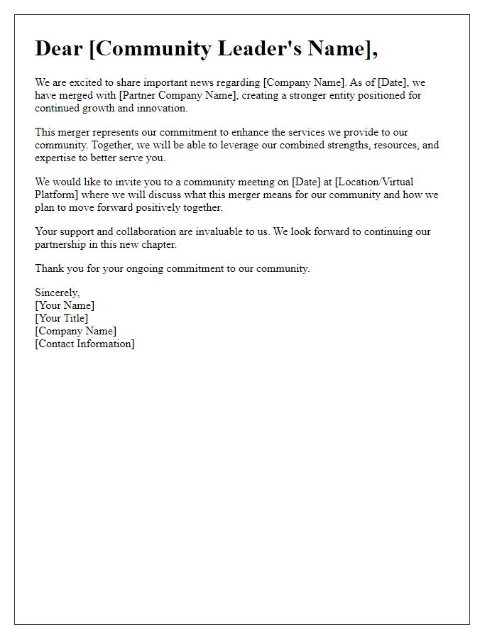 Letter template of company merger announcement for community leaders