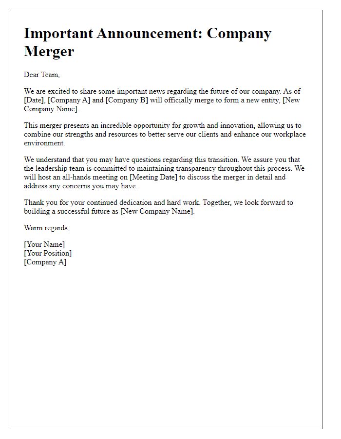 Letter template of company merger announcement for employees