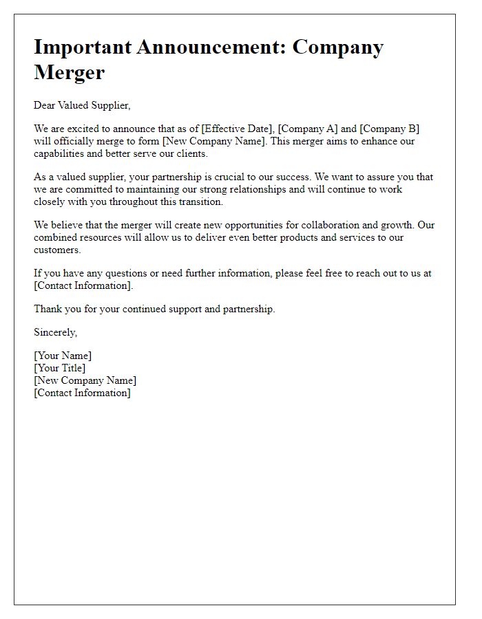 Letter template of company merger announcement for suppliers