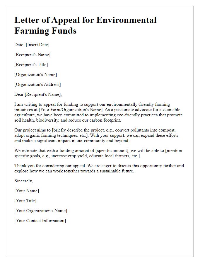 Letter template of appeal for environmentally-friendly farming funds.