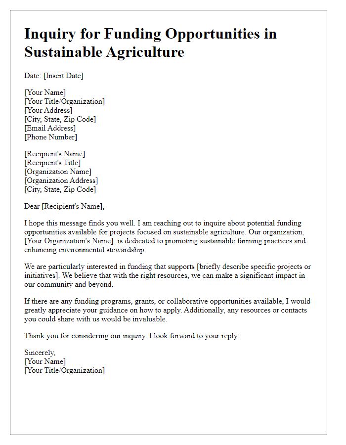 Letter template of inquiry for sustainable agriculture funding opportunities.