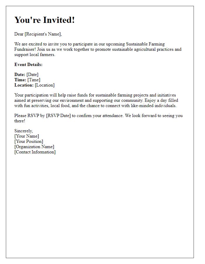 Letter template of invitation to participate in a sustainable farming fundraiser.