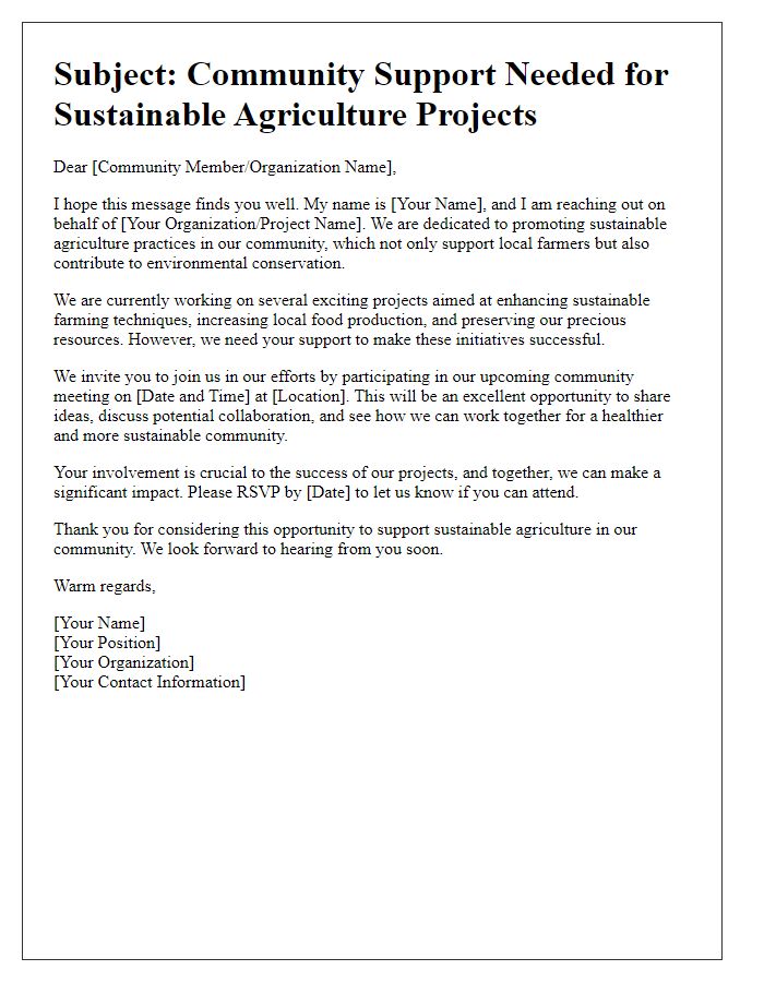 Letter template of outreach for community support in sustainable agriculture projects.