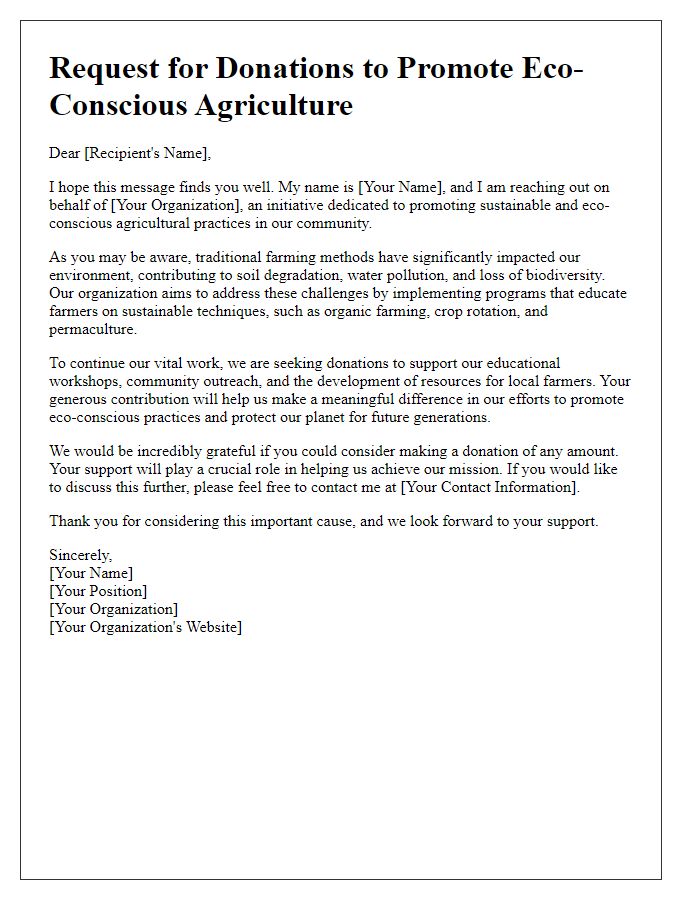 Letter template of request for donations to promote eco-conscious agriculture.