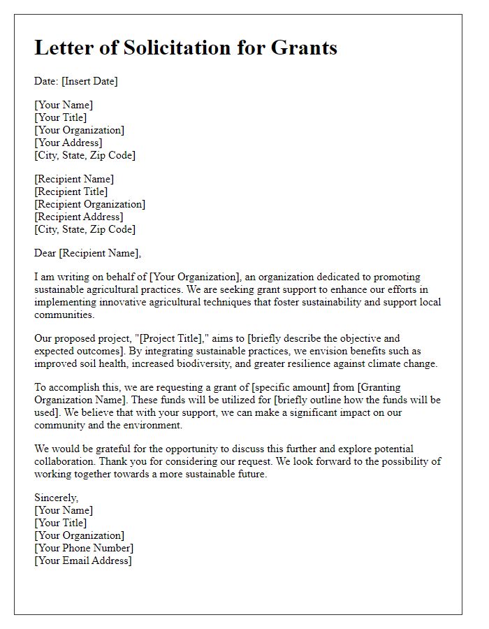 Letter template of solicitation for grants to enhance sustainable agricultural techniques.