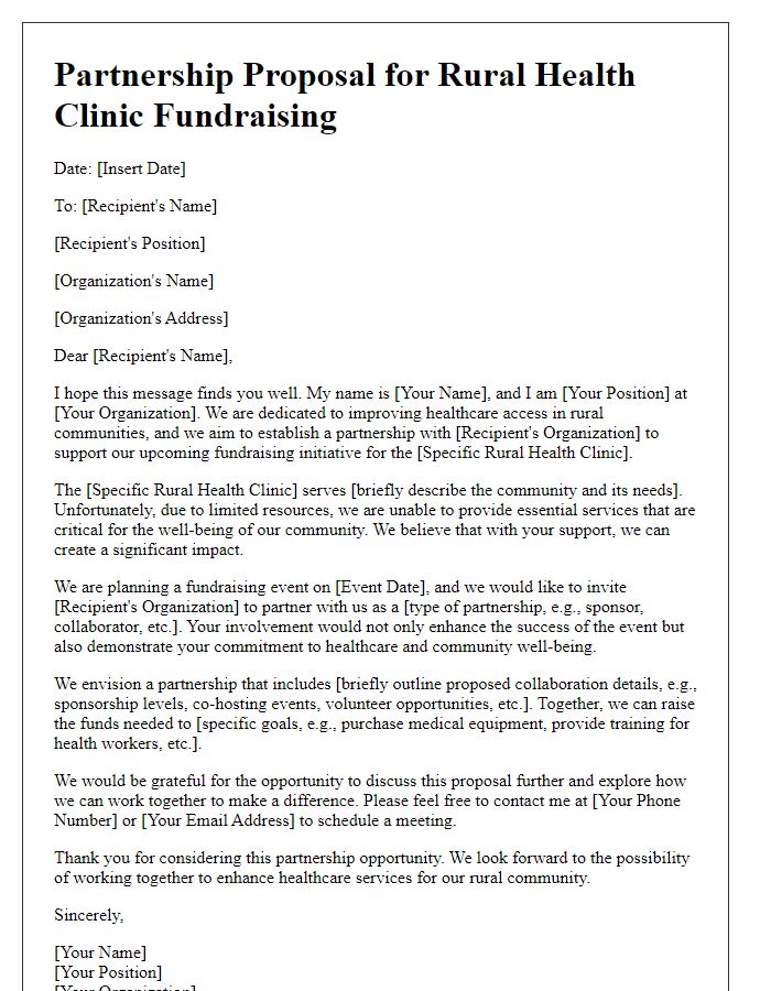 Letter template of partnership proposal for rural health clinic fundraising.