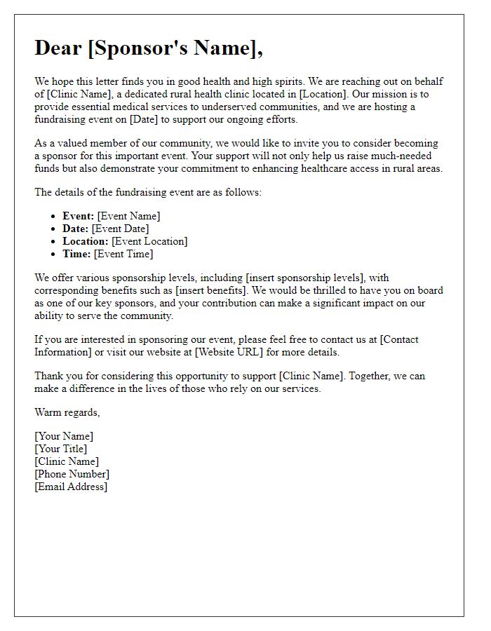 Letter template of sponsorship invitation for rural health clinic fundraising.