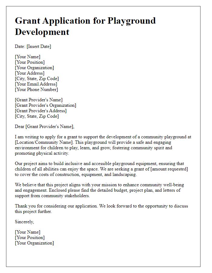 Letter template of grant application for playground development.