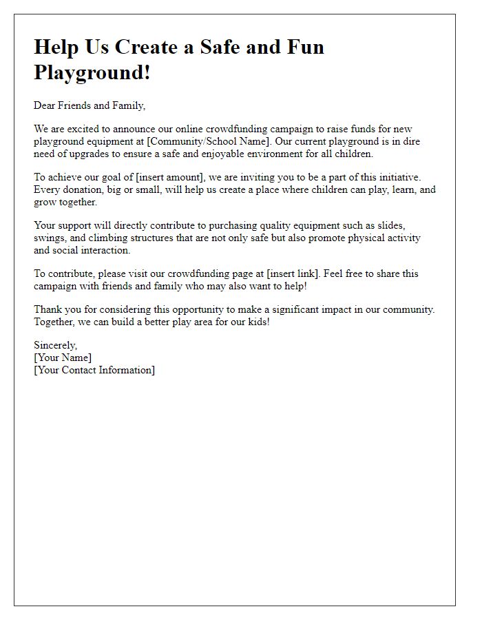 Letter template of online crowdfunding campaign for playground equipment.