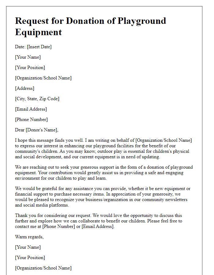 Letter template of request for playground equipment donation.