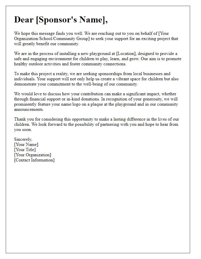 Letter template of sponsorship appeal for playground installation.