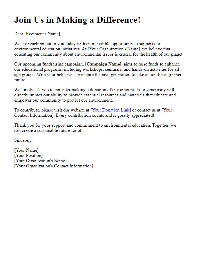 Letter template of awareness campaign for environmental education fundraising.