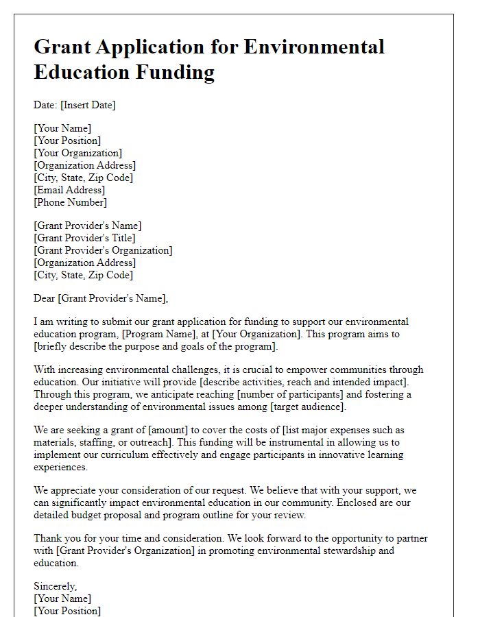 Letter template of grant application for environmental education funding.