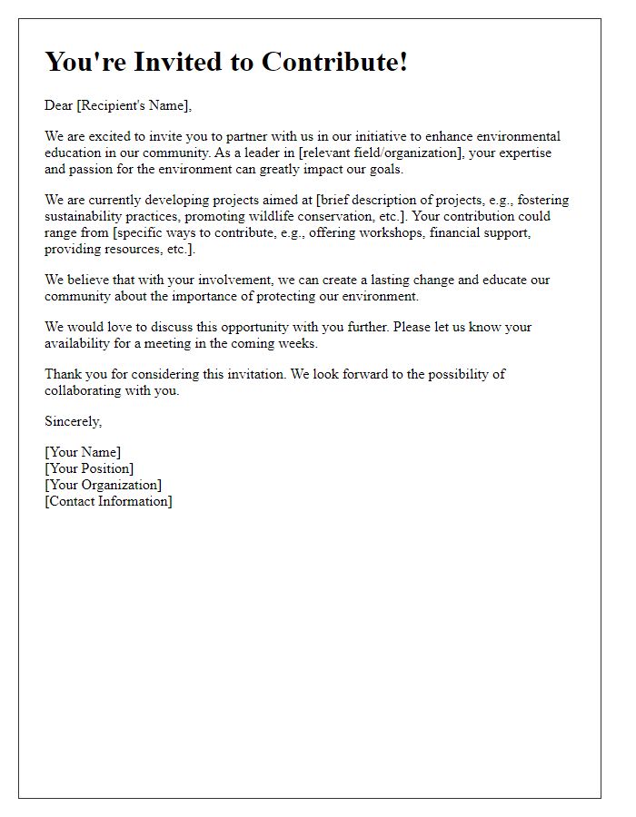 Letter template of invitation to contribute to environmental education projects.