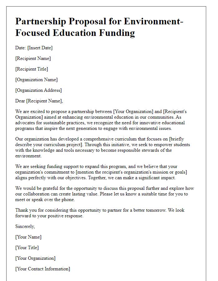 Letter template of partnership proposal for environment-focused education funding.