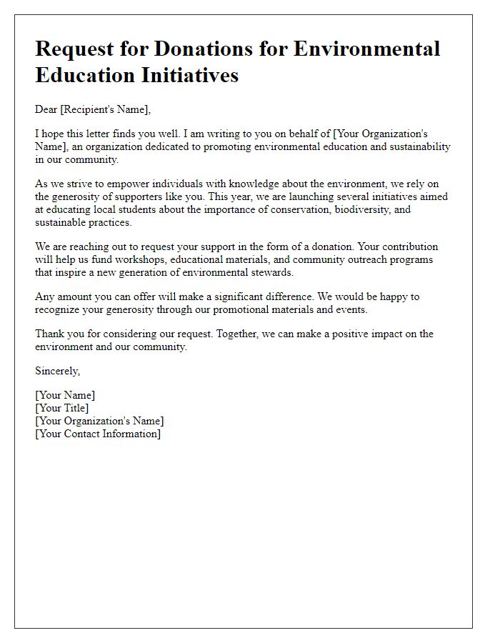 Letter template of request for donations for environmental education initiatives.