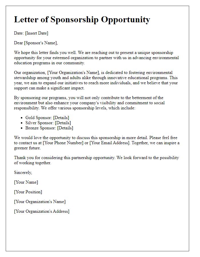 Letter template of sponsorship opportunity for environmental education programs.