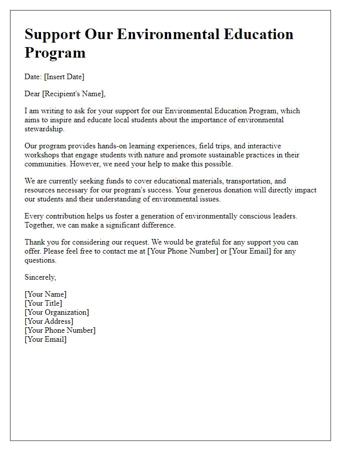 Letter template of support for environmental education program fundraising.