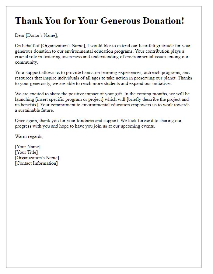 Letter template of thank you for donations to environmental education programs.