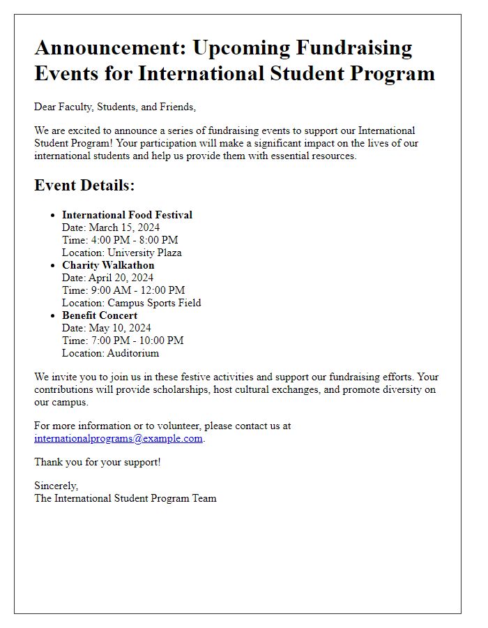 Letter template of announcement for upcoming international student program fundraising events.