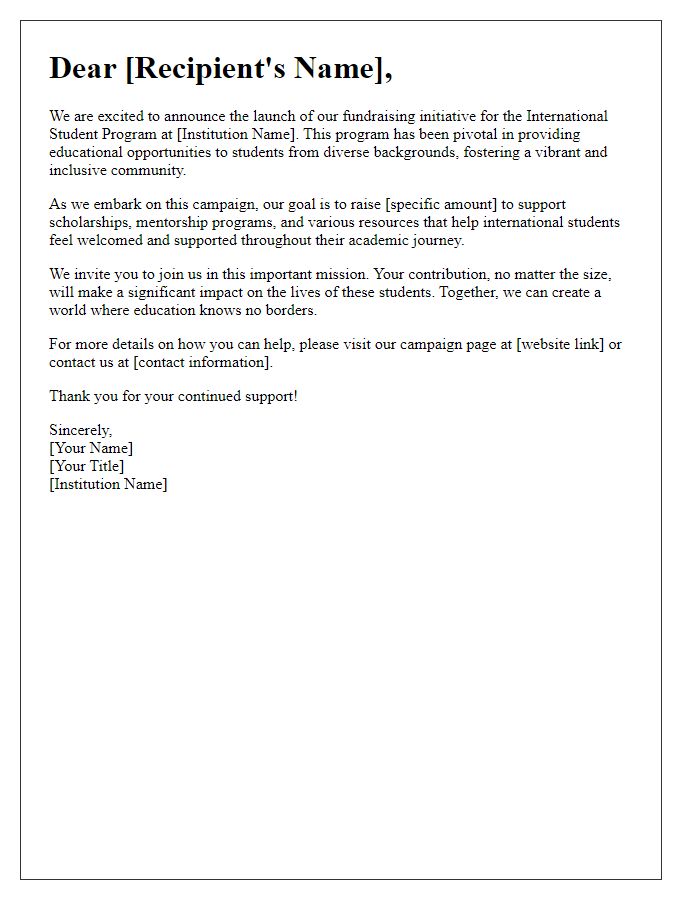 Letter template of campaign launch for international student program fundraising initiatives.