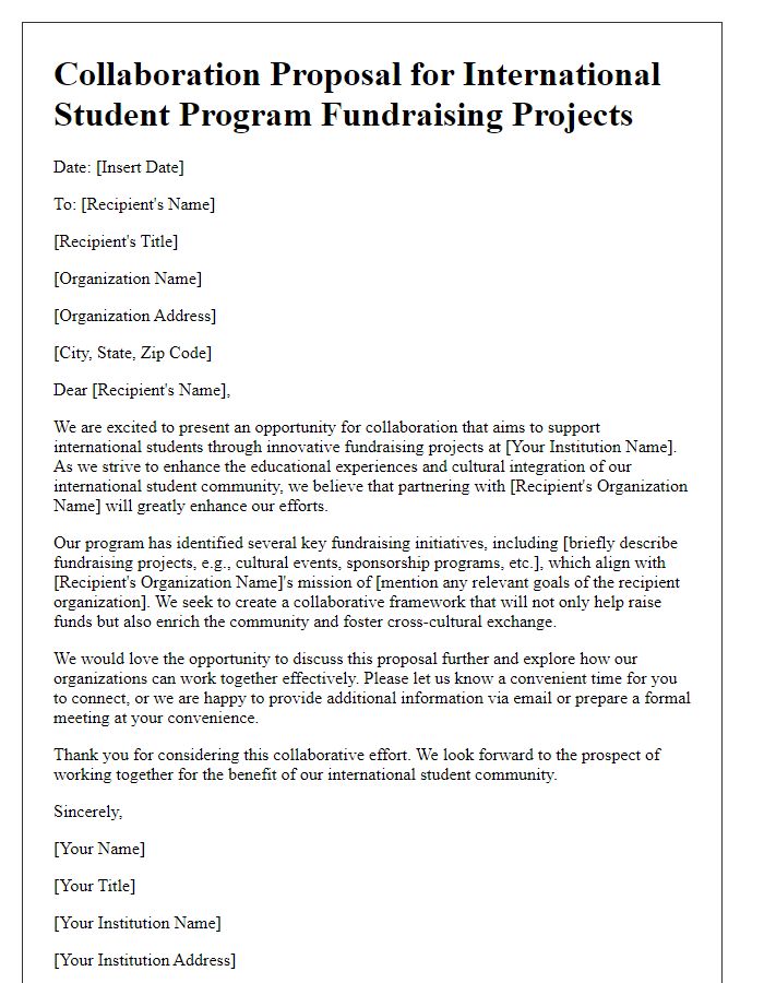 Letter template of collaboration proposal for international student program fundraising projects.