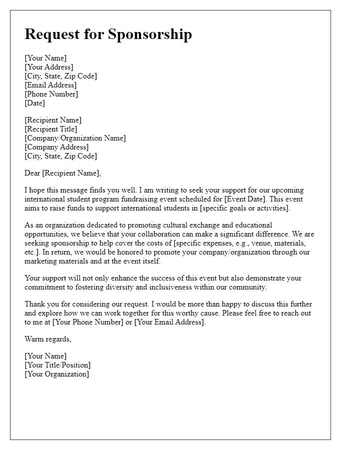 Letter template of request for sponsorship towards international student program fundraising.