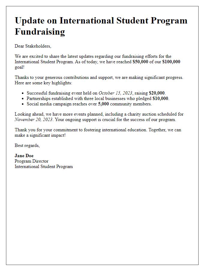 Letter template of update for stakeholders on international student program fundraising progress.