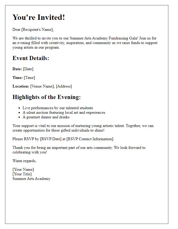 Letter template of invitation for summer arts academy fundraising gala.